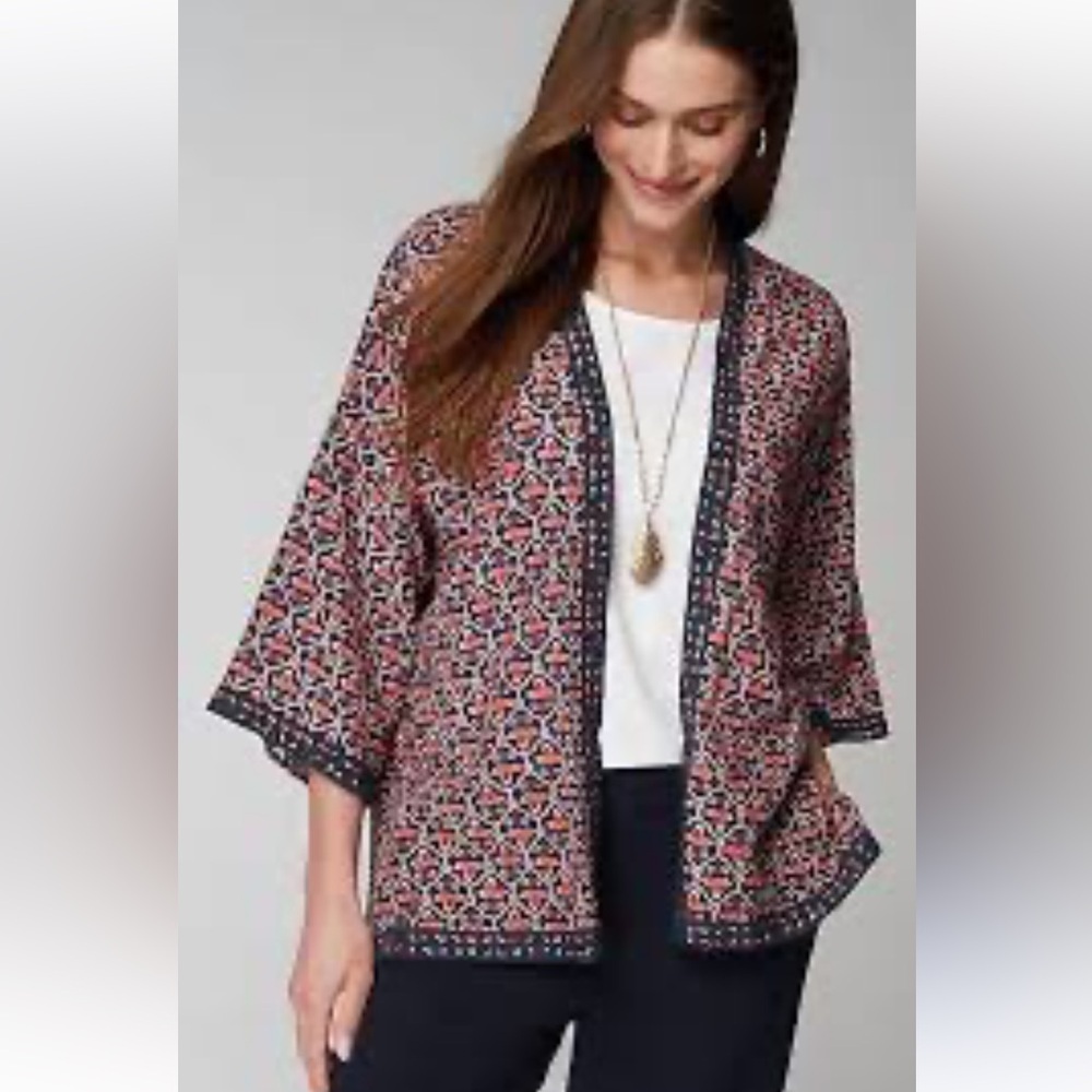 J Jill Linen-Blend Jacket in English Channel Floral Trellis, size S-L,